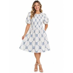 New Old Navy Dress Medium Floral Puff Sleeve Pockets Cotton Brunch Workwear